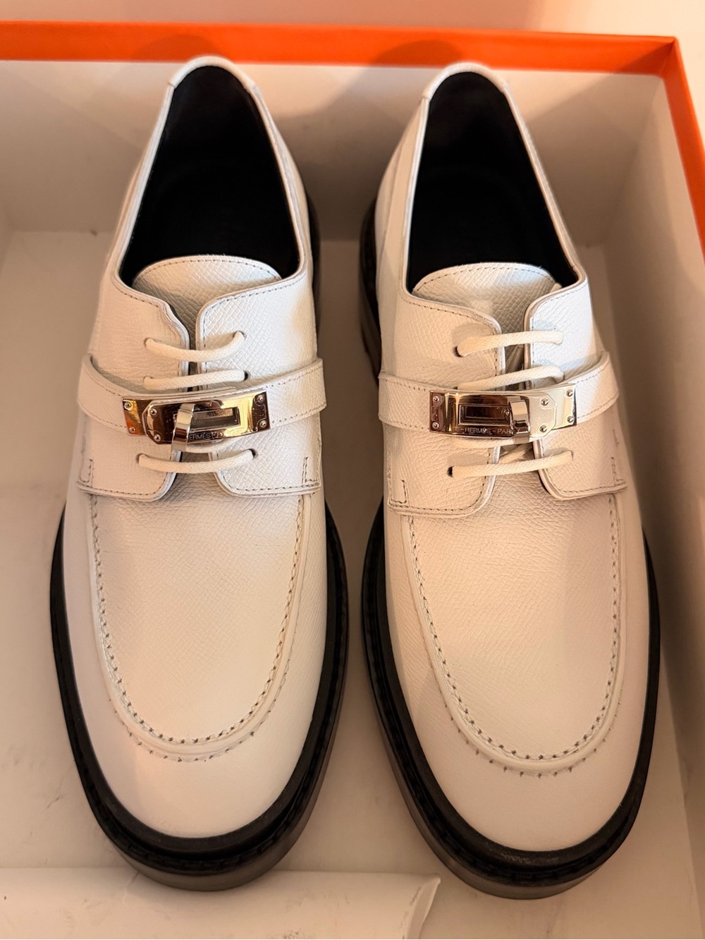 Hermes White Leather Women’s Loafers with Silver Buckle